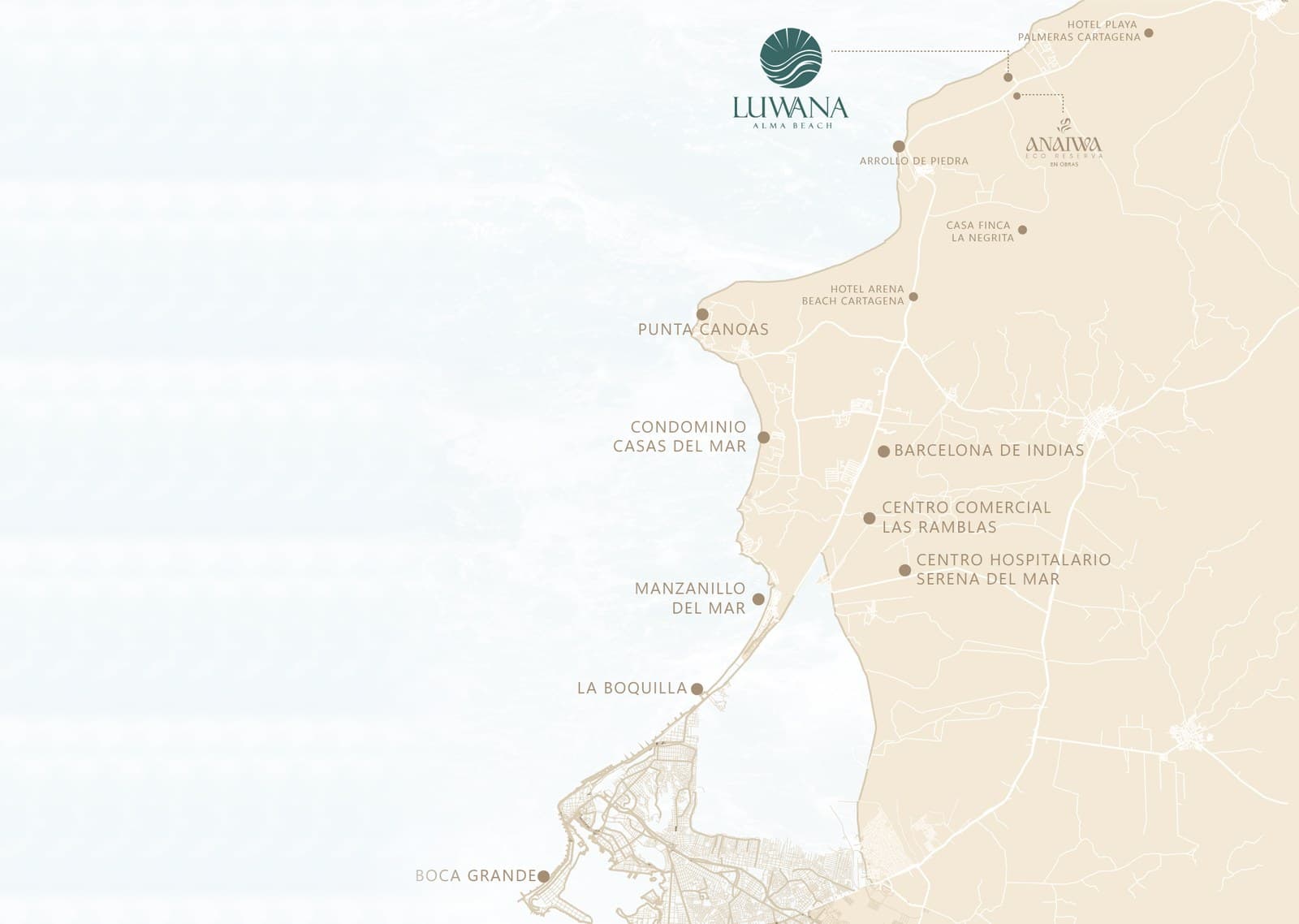 Mapa de ubicación de Luwana Alma Beach en la zona norte de Cartagena